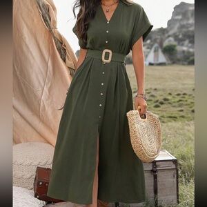 Elegant Green Belted Maxi Dress